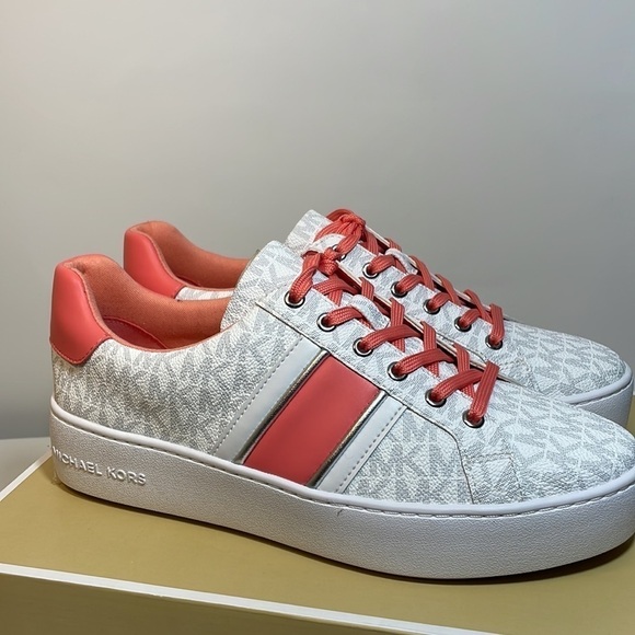 Michael Kors Poppy stripe lace up sneaker shoes bright white grapefruit color - Picture 4 of 14